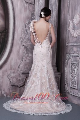 Champagne Prom Dress Lace and Hand Flower Open Back