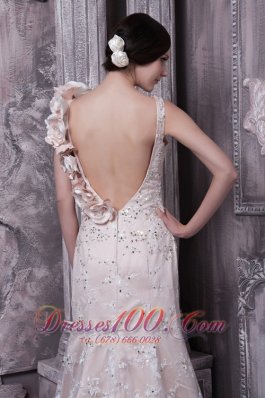 Champagne Prom Dress Lace and Hand Flower Open Back