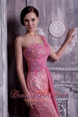 Rose Pink Prom Dress One-shoulder Appliques 2013