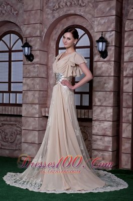 Champagne Prom Dress V-neck Chiffon and Lace Beading