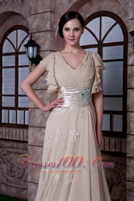 Champagne Prom Dress V-neck Chiffon and Lace Beading