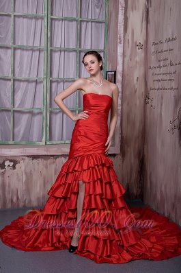 Wine Red Strapless Prom Celebrity Dress Cathedral Train Slit Ruffled