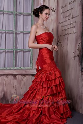 Wine Red Strapless Prom Celebrity Dress Cathedral Train Slit Ruffled