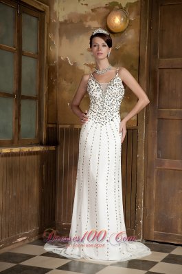 White Straps Beaded V-neck Prom Celebrity Dress for Sale