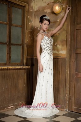 White Straps Beaded V-neck Prom Celebrity Dress for Sale