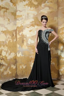 Black Asymmetrical Shoulder Chapel Train Chiffon Prom Celebrity Dress