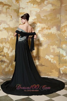 Black Asymmetrical Shoulder Chapel Train Chiffon Prom Celebrity Dress