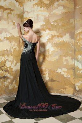 Black Asymmetrical Shoulder Chapel Train Chiffon Prom Celebrity Dress