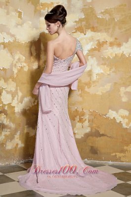 Light Pink One Shoulder Low Back Beading Prom Celebrity Dress