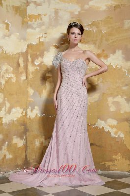 Light Pink One Shoulder Low Back Beading Prom Celebrity Dress