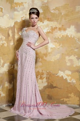 Light Pink One Shoulder Low Back Beading Prom Celebrity Dress