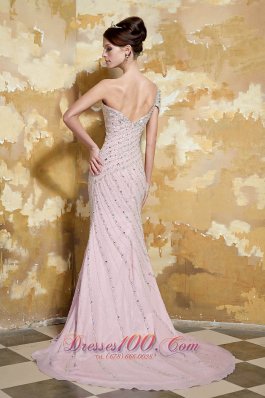 Light Pink One Shoulder Low Back Beading Prom Celebrity Dress