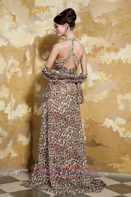 Colorful Halter Cross Back Leopard Beading Prom Dress Slit