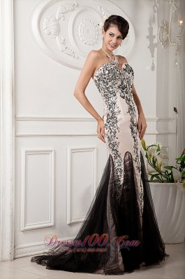 Champagne and Balck Evening Celebrity Dress Sweetheart Appliques