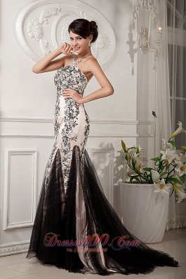 Champagne and Balck Evening Celebrity Dress Sweetheart Appliques