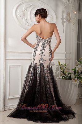 Champagne and Balck Evening Celebrity Dress Sweetheart Appliques