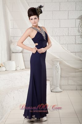 Navy Blue V-neck Evening Dress Cross-back Ankle-length