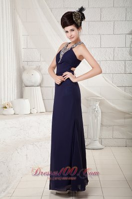 Navy Blue V-neck Evening Dress Cross-back Ankle-length