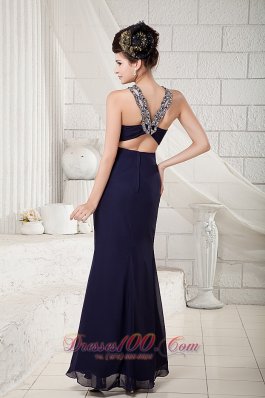 Navy Blue V-neck Evening Dress Cross-back Ankle-length