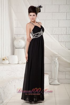 Black Halter Evening Dress Chiffon Beading Open Back