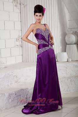 Eggplant Purple Evening Dress One Shoulder Beaded Slit