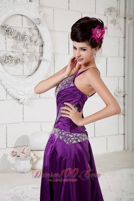 Eggplant Purple Evening Dress One Shoulder Beaded Slit