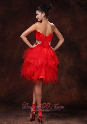 Chic Red Feather and Tulle Beaded Cocktail Dress 2013