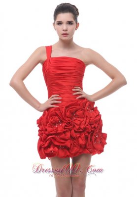 Red One Shoulder Hand Flowers Mini-length Cocktail Dress