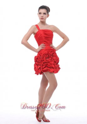 Red One Shoulder Hand Flowers Mini-length Cocktail Dress