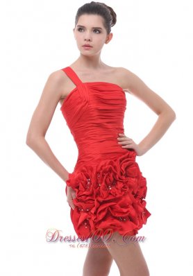 Red One Shoulder Hand Flowers Mini-length Cocktail Dress