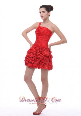 Red One Shoulder Hand Flowers Mini-length Cocktail Dress