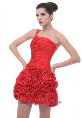 Red One Shoulder Hand Flowers Mini-length Cocktail Dress