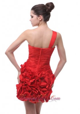 Red One Shoulder Hand Flowers Mini-length Cocktail Dress