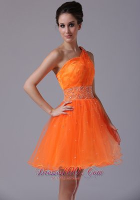 Orange One Shoulder Mini-length Cocktail Dress Asymmetrical