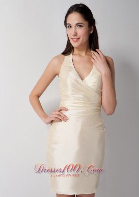 Champagne Halter V-neck Bridesmaid Dress Mini-length