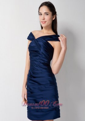 Navy Blue Asymmetrical Neck Bridesmaid Dress Mini-length