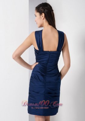 Navy Blue V-neck Ruch Bridesmaid Dress Mini-length Taffeta