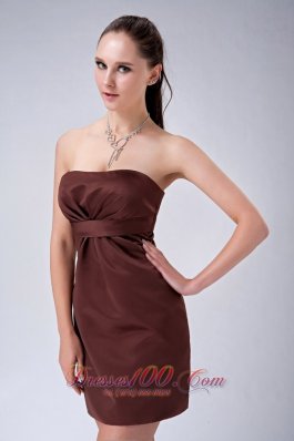 Brown Strapless Bridesmaid Dress Ruched Mini-length Satin