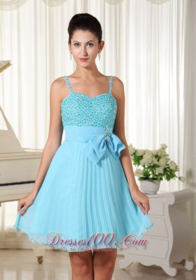 Spaghetti Straps Bowknot Aqua Blue Prom / Cocktail Dress