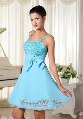 Spaghetti Straps Bowknot Aqua Blue Prom / Cocktail Dress