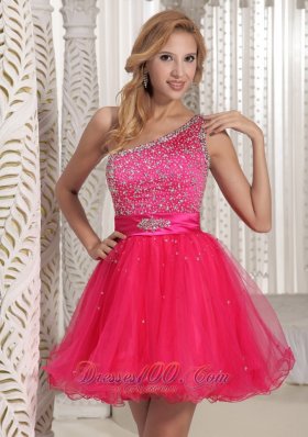 One Shoulder Sweet Prom / Cocktail Dress in Hot Pink