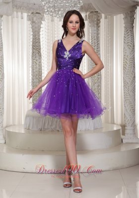 V-neck Purple Organza Homecoming Dress Beaded