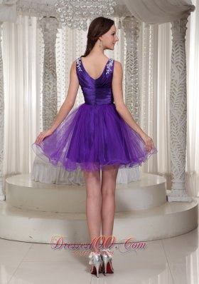 V-neck Purple Organza Homecoming Dress Beaded