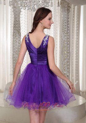 V-neck Purple Organza Homecoming Dress Beaded