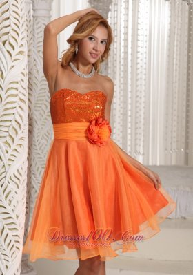 Orange Hand Flower Belt Sequins Homecoming Dress