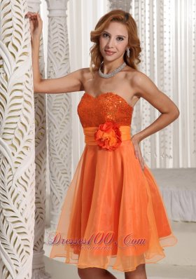 Orange Hand Flower Belt Sequins Homecoming Dress