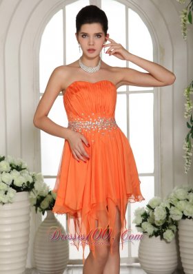 Orange Beaded Asymmetrical Homecoming / Cocktail Dress