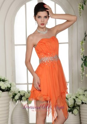 Orange Beaded Asymmetrical Homecoming / Cocktail Dress