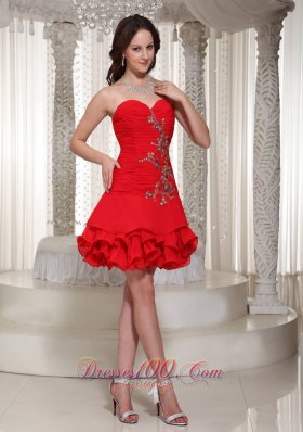 Sweetheart Red Short Prom / Cocktail Dress Ruched Beading