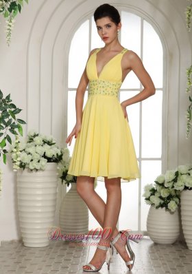 Light Yellow V-neck Prom Cocktail Dress Criss Cross Back